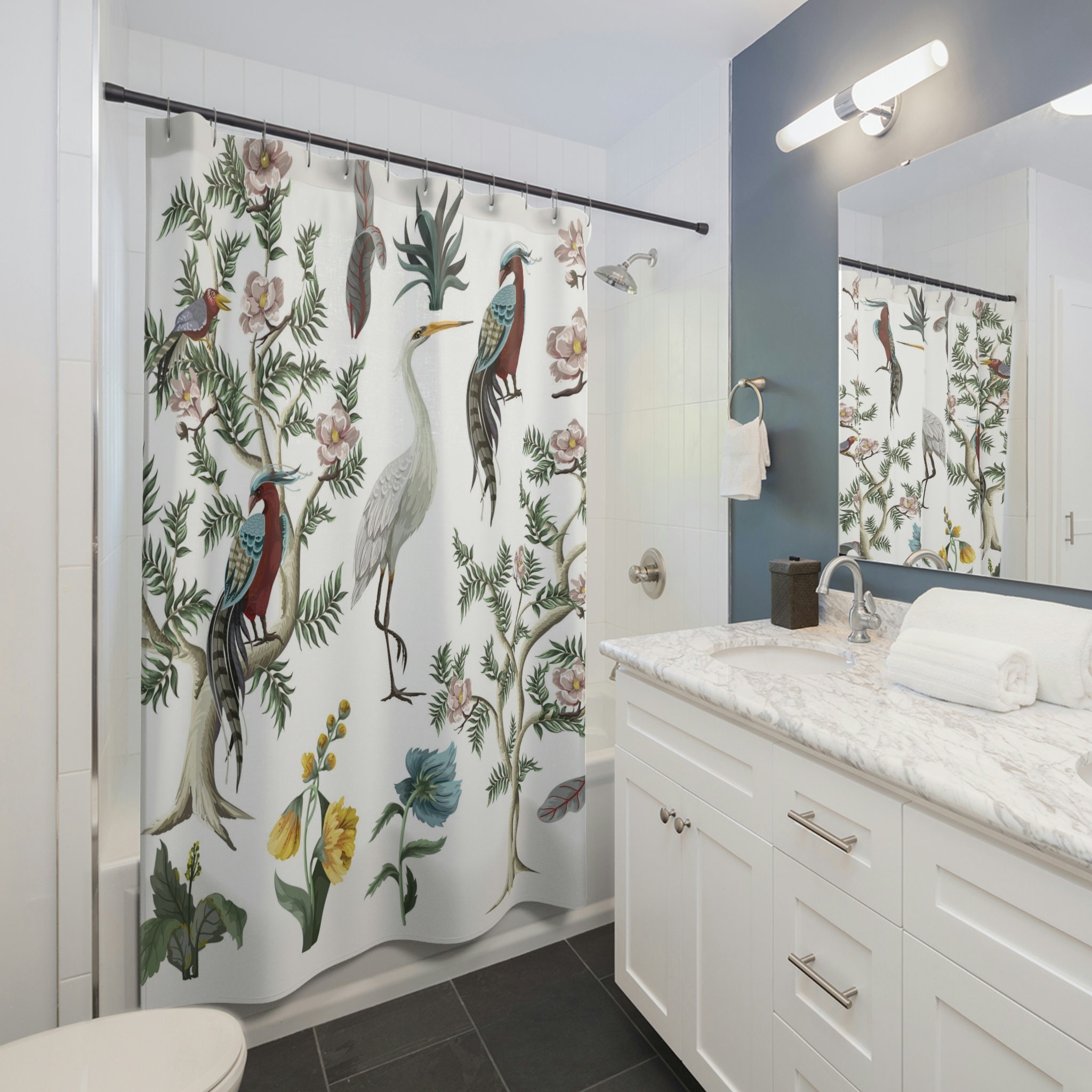 Peonies and Crane Oriental Victorian Print Shower Curtain, Classic Japanese Bathroom Decor