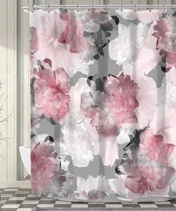 Peony Floral Pink Gray Shower Curtain - Waterproof and Durable Fabric with Beautiful and Modern Abstract Print