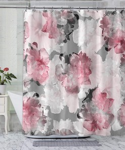 Peony Floral Pink Gray Shower Curtain - Waterproof and Durable Fabric with Beautiful and Modern Abstract Print