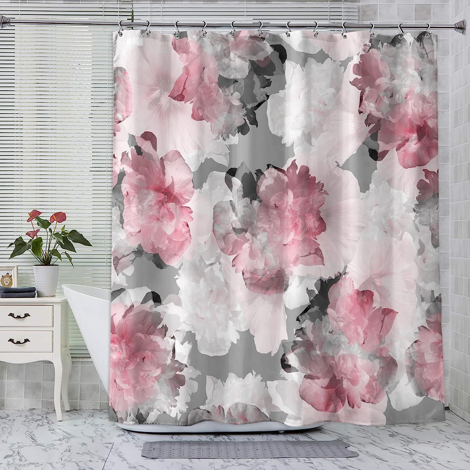 Peony Floral Pink Gray Shower Curtain - Waterproof and Durable Fabric with Beautiful and Modern Abstract Print