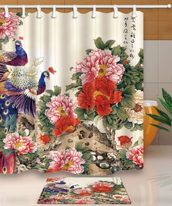 Peony Flowers and Peacock Print Fabric Shower Curtain for Bathroom