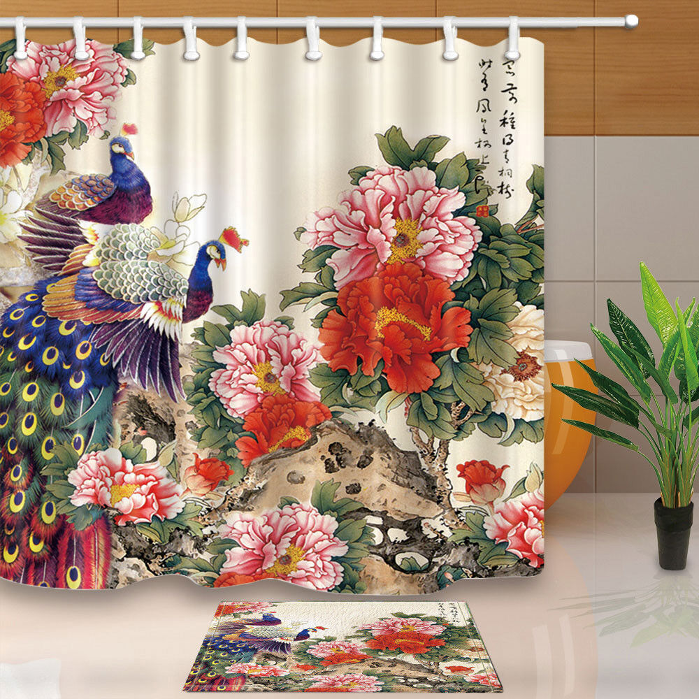 Peony Flowers and Peacock Print Fabric Shower Curtain for Bathroom