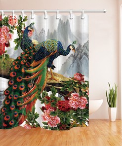 Peony Flowers and Peacock Print Waterproof Fabric Shower Curtain