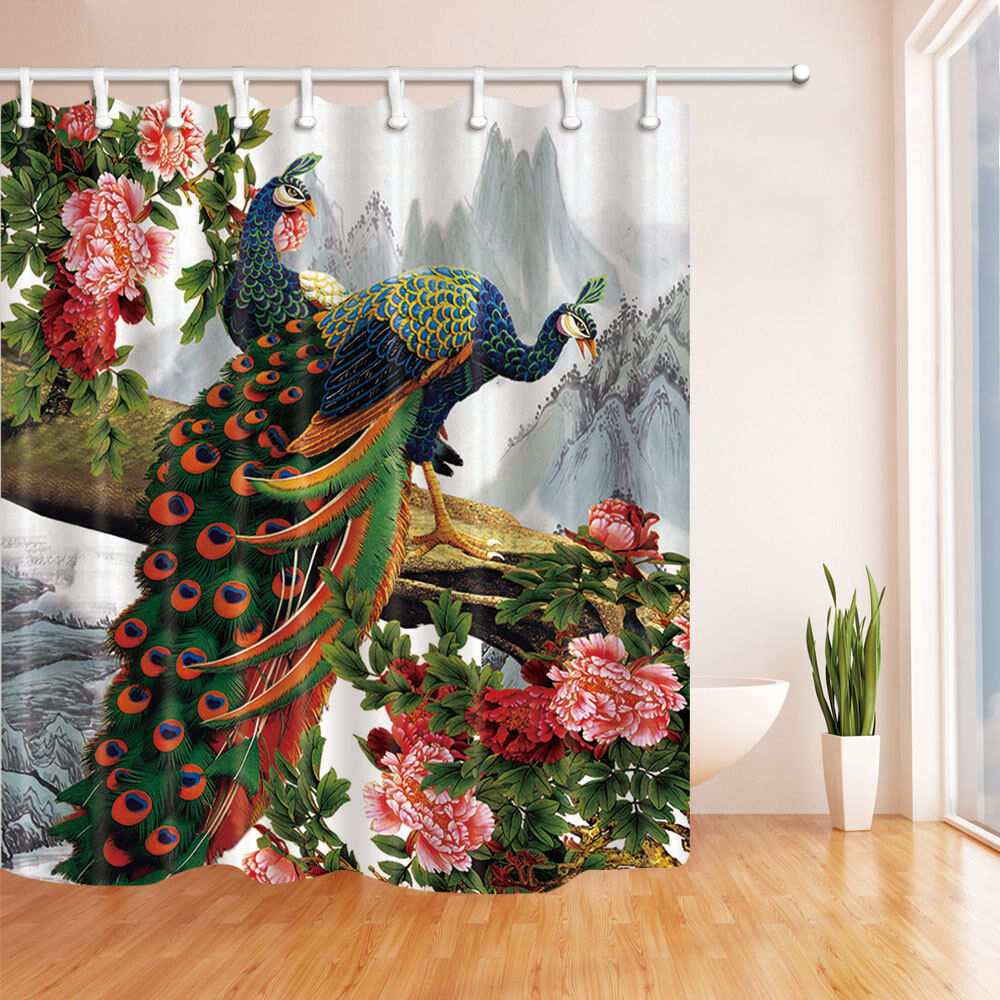 Peony Flowers and Peacock Print Waterproof Fabric Shower Curtain
