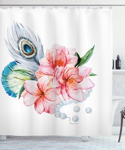 Peony and Peacock Print Shower Curtain, Shabby Chic Bathroom Decor