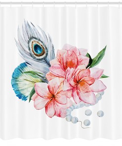 Peony and Peacock Print Shower Curtain, Shabby Chic Bathroom Decor
