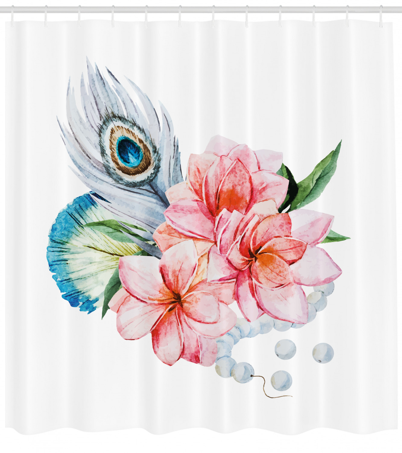 Peony and Peacock Print Shower Curtain, Shabby Chic Bathroom Decor