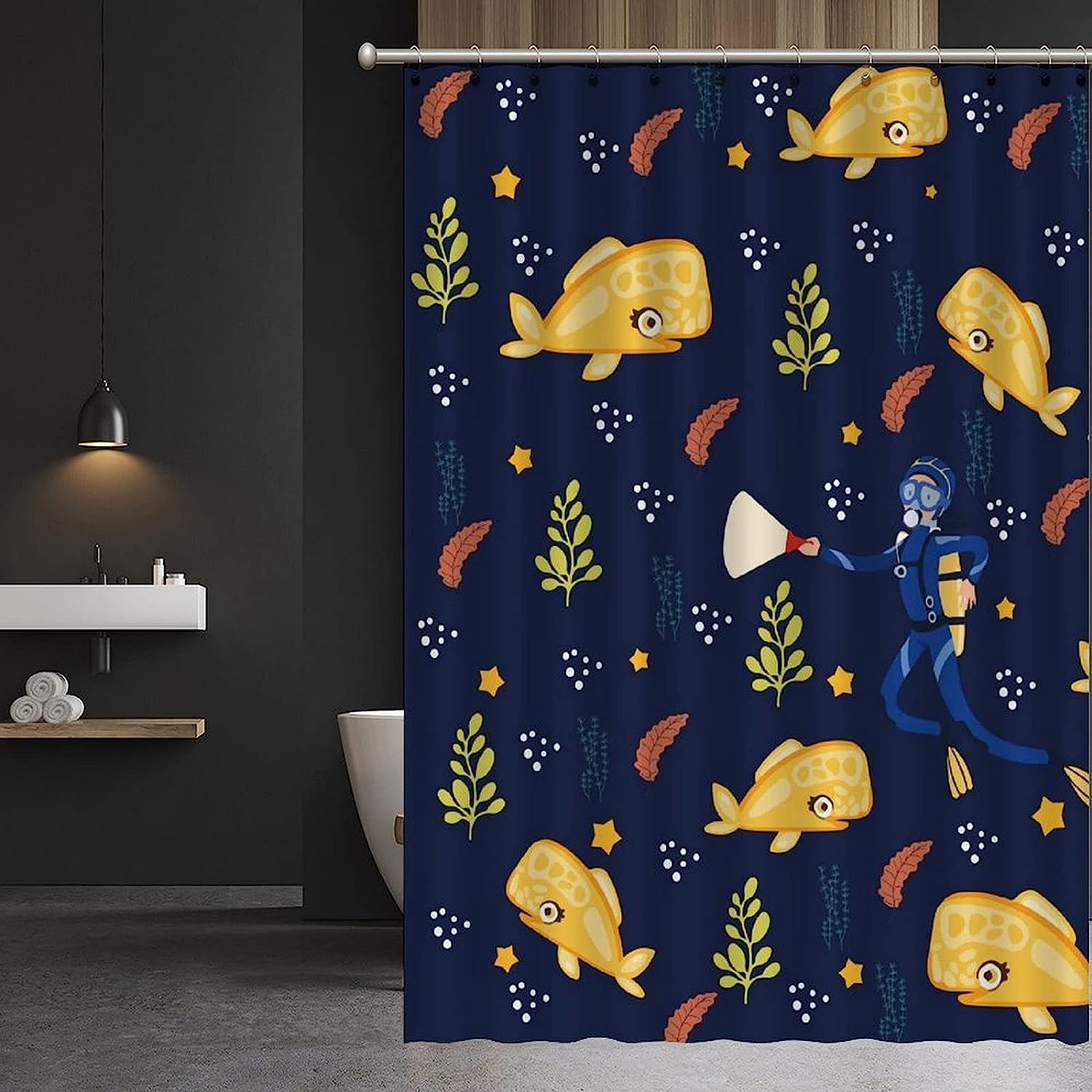 People Diving Whale Shower Curtain - Custom Durable Fabric - Image 3