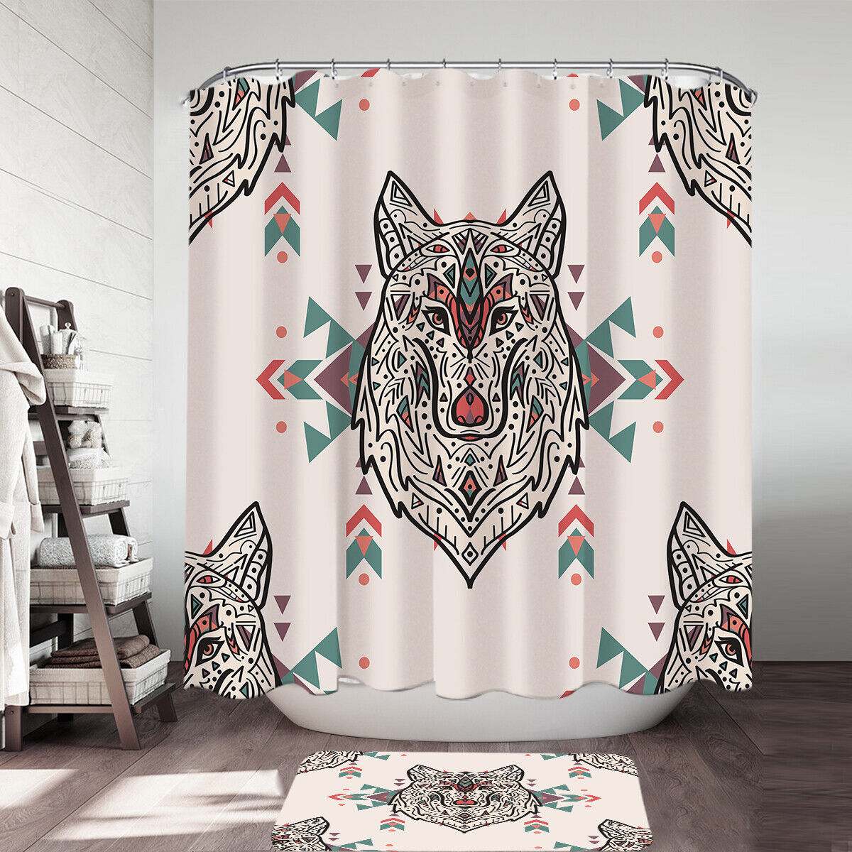 Persian Wolf Print Shower Curtain, Waterproof Bathroom Curtain