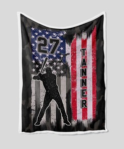 Personalized Baseball Name Blanket, American Flag Sport Throw Blanket For Family Gift