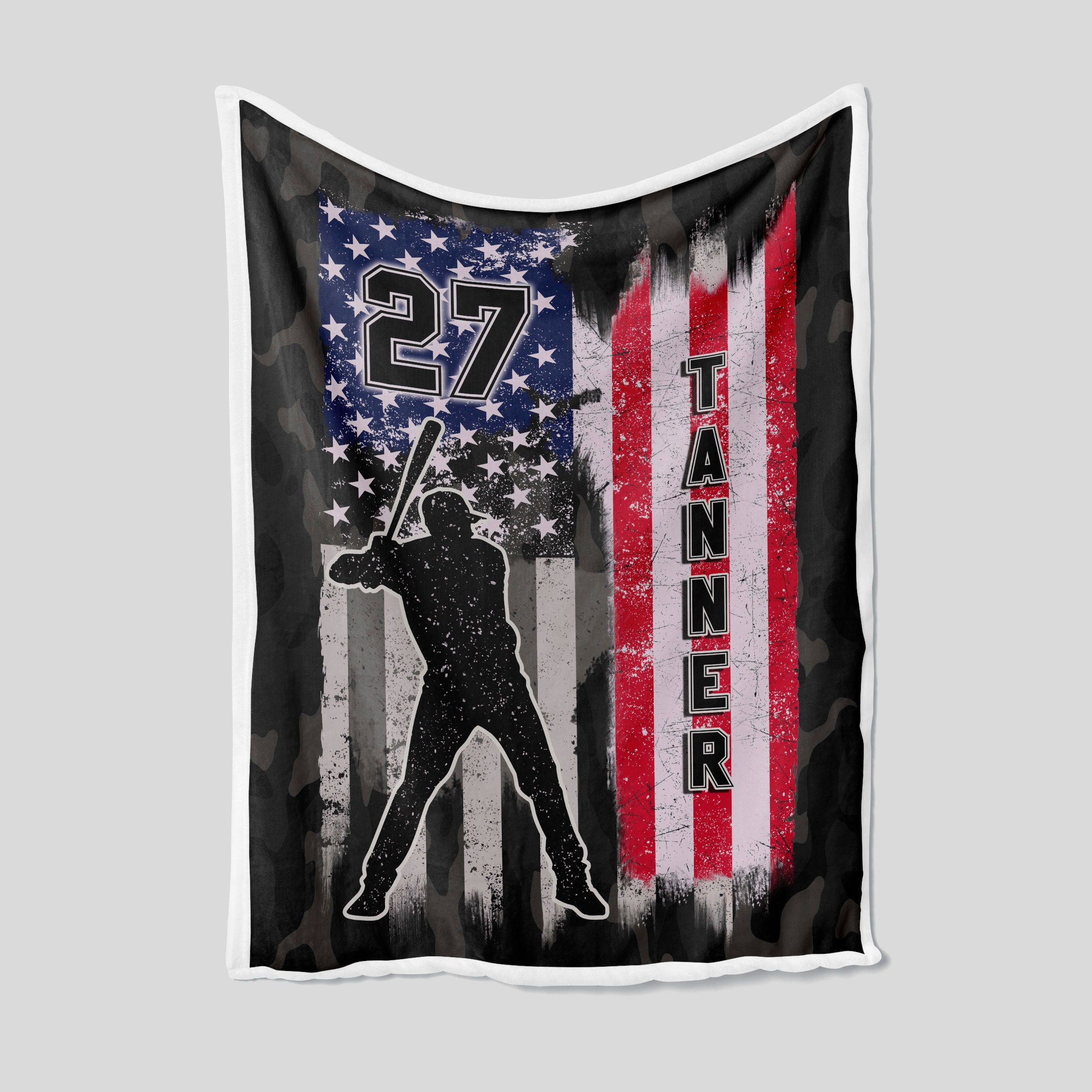 Personalized Baseball Name Blanket, American Flag Sport Throw Blanket For Family Gift