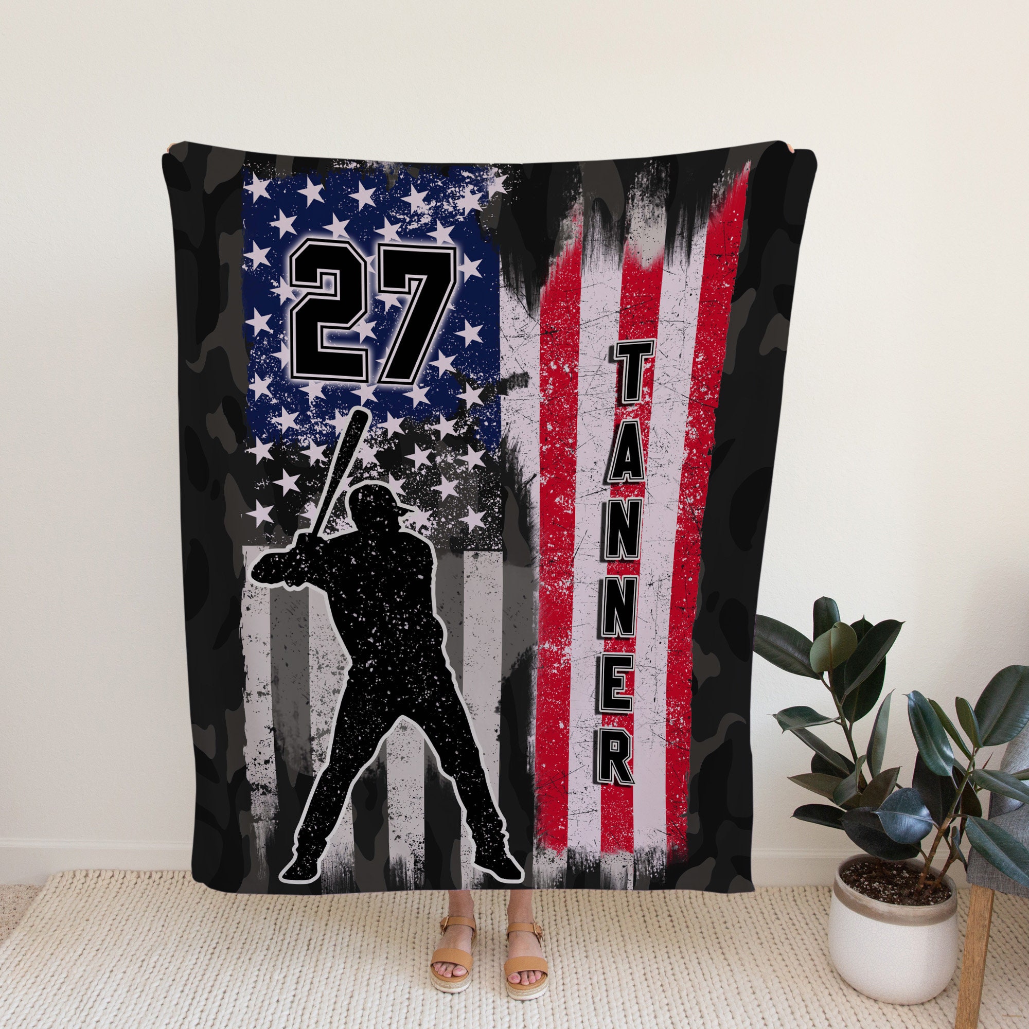Personalized Baseball Name Blanket, American Flag Sport Throw Blanket For Family Gift - Image 2