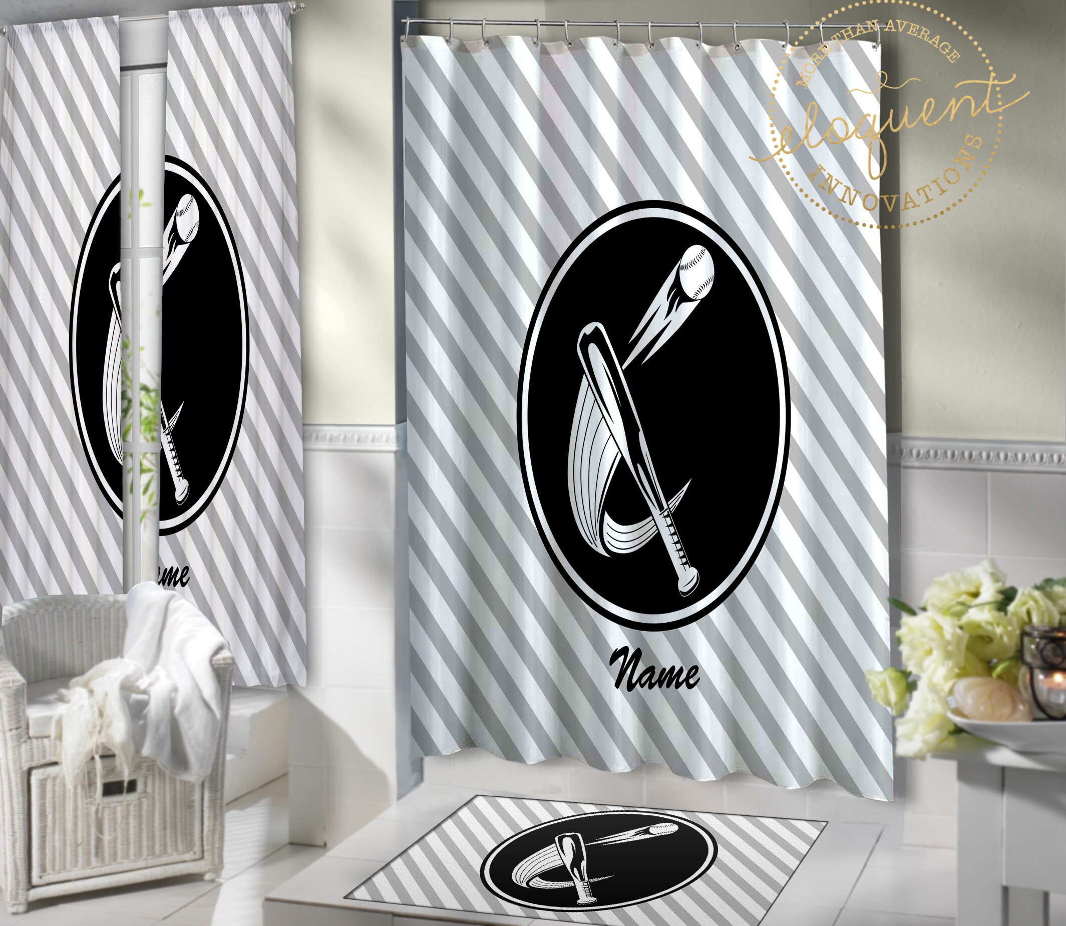 Personalized Baseball Shower Curtain- Fabric Sports Themed Bathroom Decor For Kids