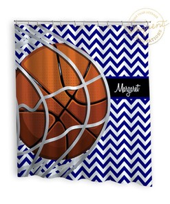 Personalized Basketball Chevron Blue Shower Curtain, Fabric Curtain for Boys or Girls Bathroom