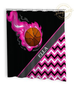 Personalized Basketball Shower Curtain- Girls Pink And Black Sport Design Fabric For Kids Bathroom Decor