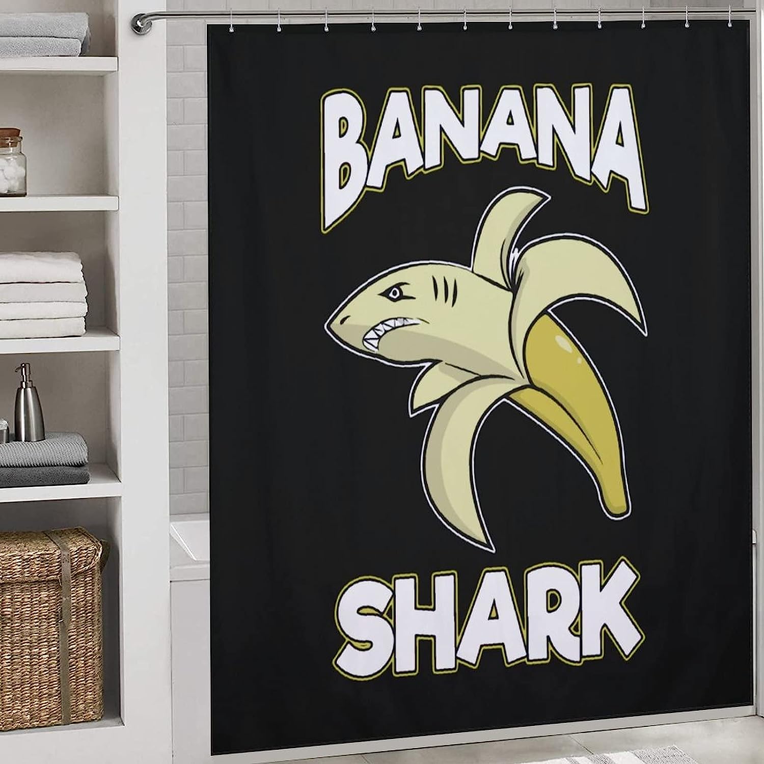 Personalized Bathroom Shower Curtain Featuring Banana Shark Print, Durable Liner For Your Bath - Image 3