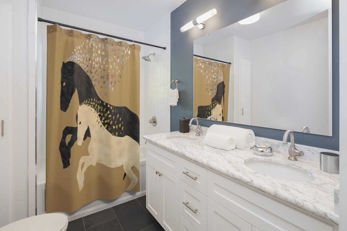 Personalized Black And White Cowboy Horse Shower Curtain - Cute Bathroom Decor