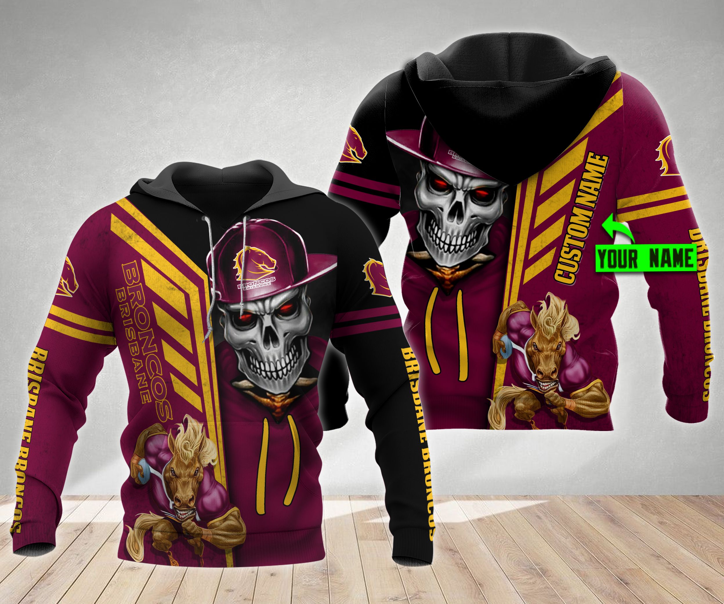 Personalized Brisbane Broncos Nrl Skull Cap All Over Print Hoodie 3D Zip-Up Option With Custom Name