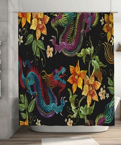 Personalized Dragon Beautiful Golden Flowers Shower Curtain, Waterproof Bath Curtain Perfect For Gift Giving