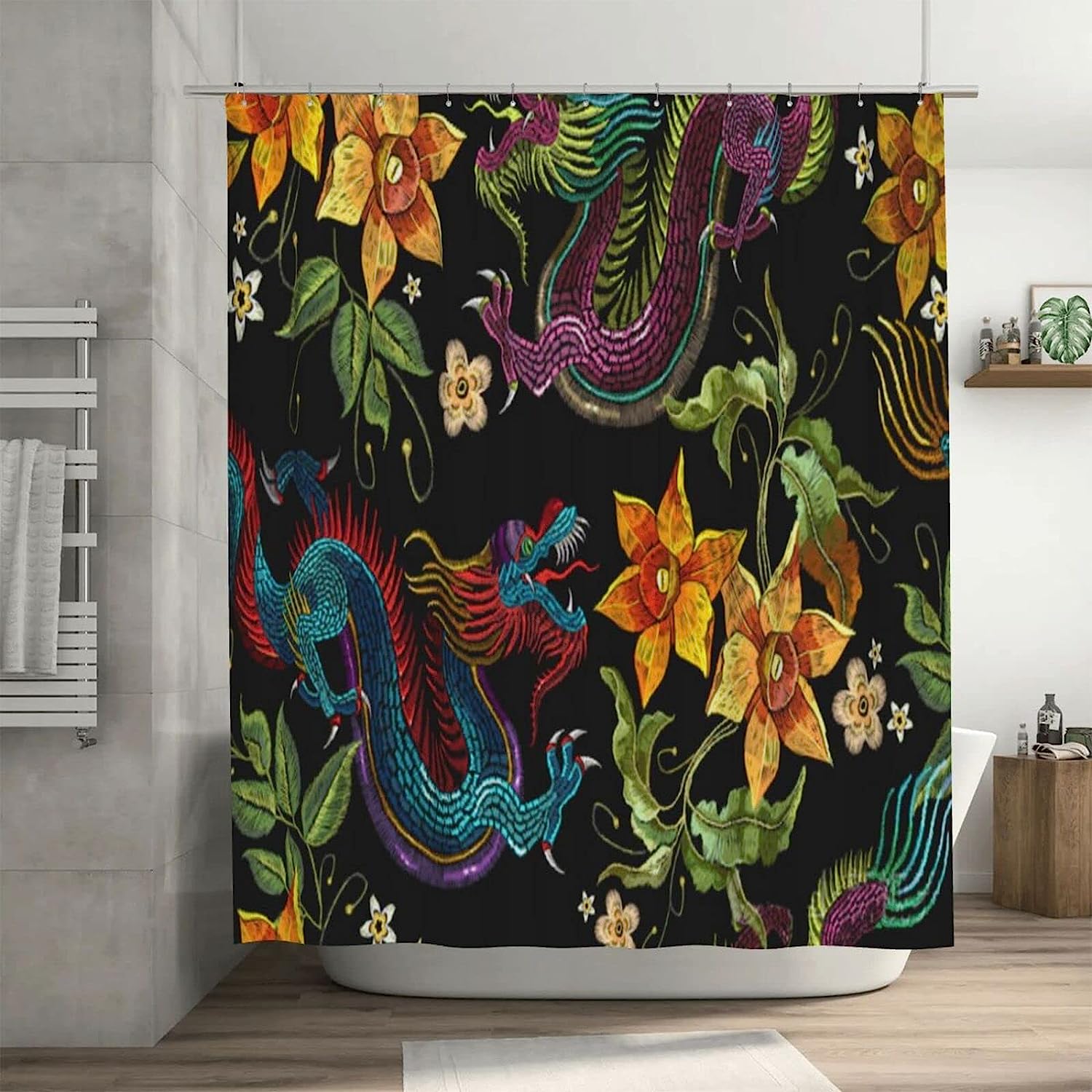 Personalized Dragon Beautiful Golden Flowers Shower Curtain, Waterproof Bath Curtain Perfect For Gift Giving
