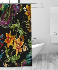 Personalized Dragon Beautiful Golden Flowers Shower Curtain, Waterproof Bath Curtain Perfect For Gift Giving