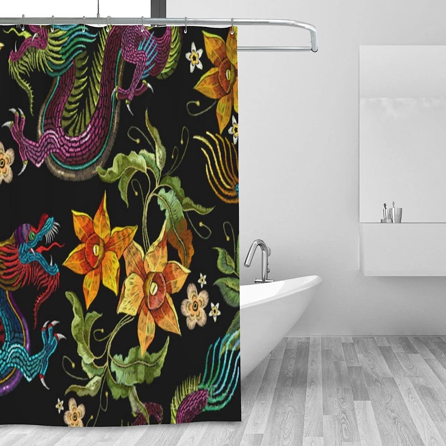 Personalized Dragon Beautiful Golden Flowers Shower Curtain, Waterproof Bath Curtain Perfect For Gift Giving