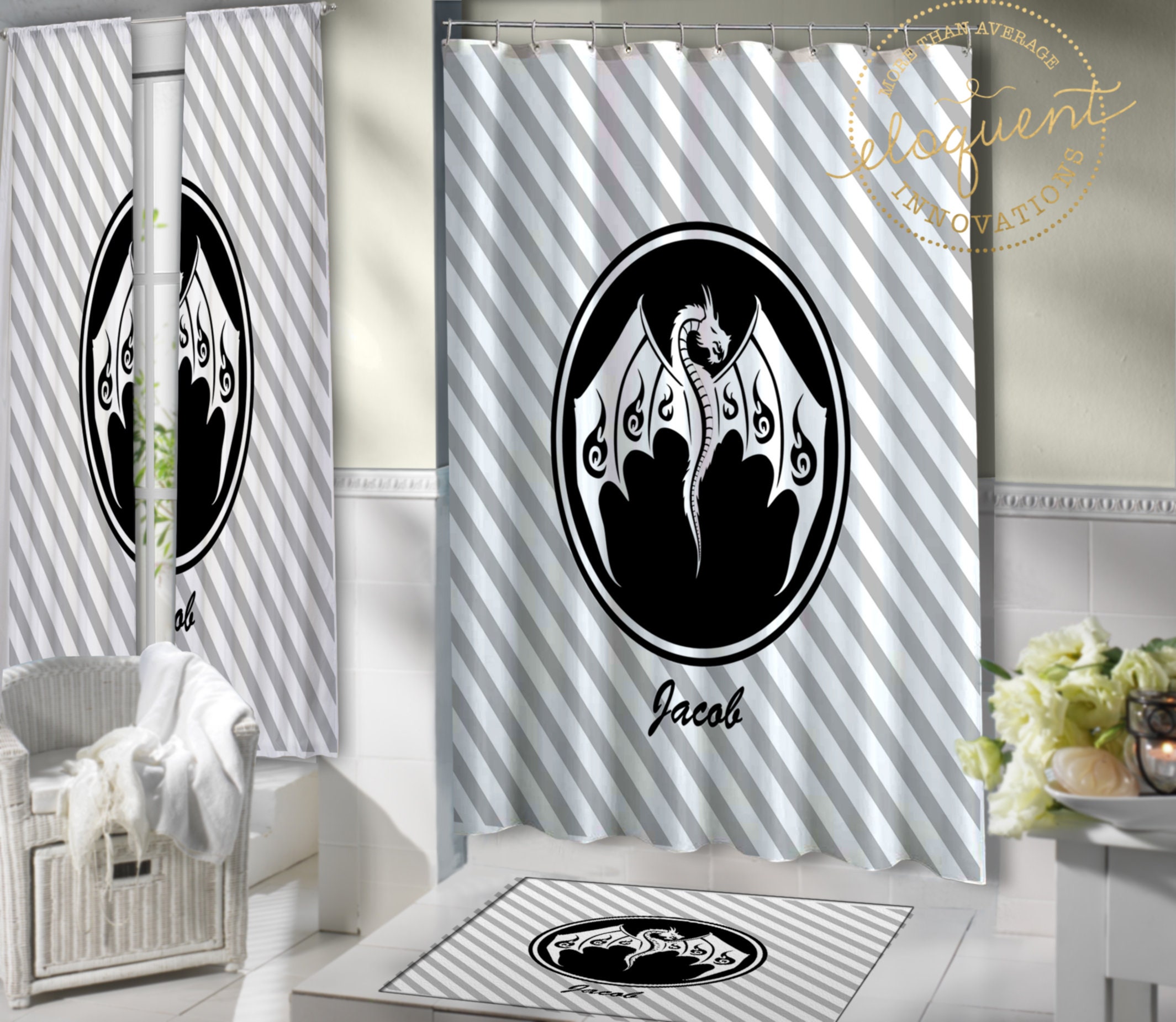 Personalized Dragon Shower Curtain with Name, Dragon Decor for Kids Bathroom