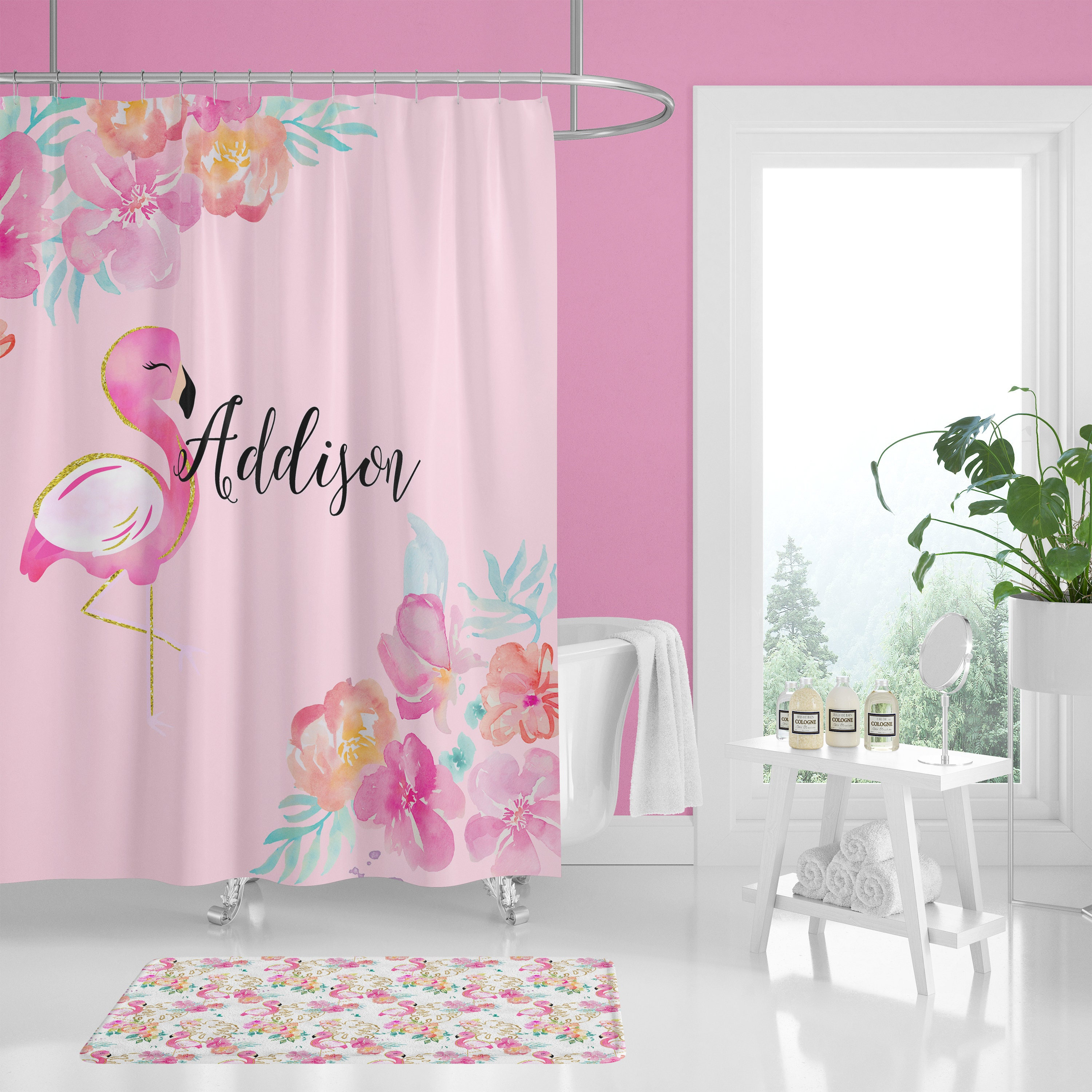 Personalized Flamingo Shower Curtain for Kids' Bathroom Decor