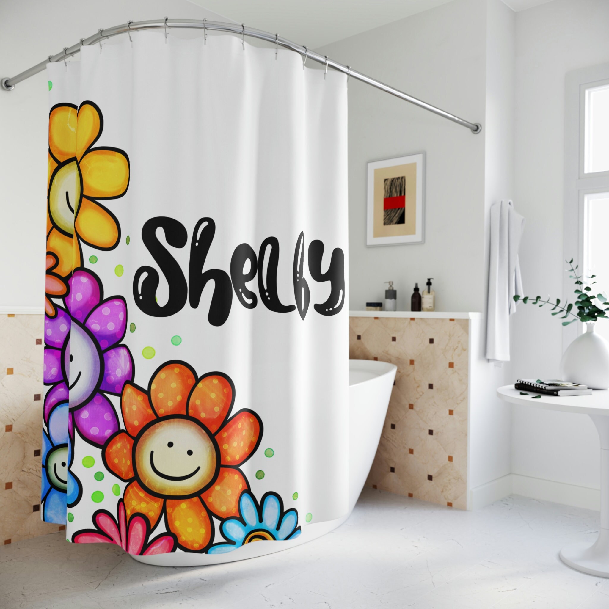 Personalized Floral Shower Curtain with Custom Name for Girly Decor