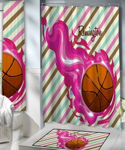 Personalized Girls Basketball Pink and Aqua Striped Shower Curtain, Fabric Curtain for Kids Bathroom