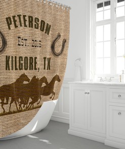 Personalized Horse Shower Curtain Rustic Farmhouse Burlap Brown Print Bathroom Decor