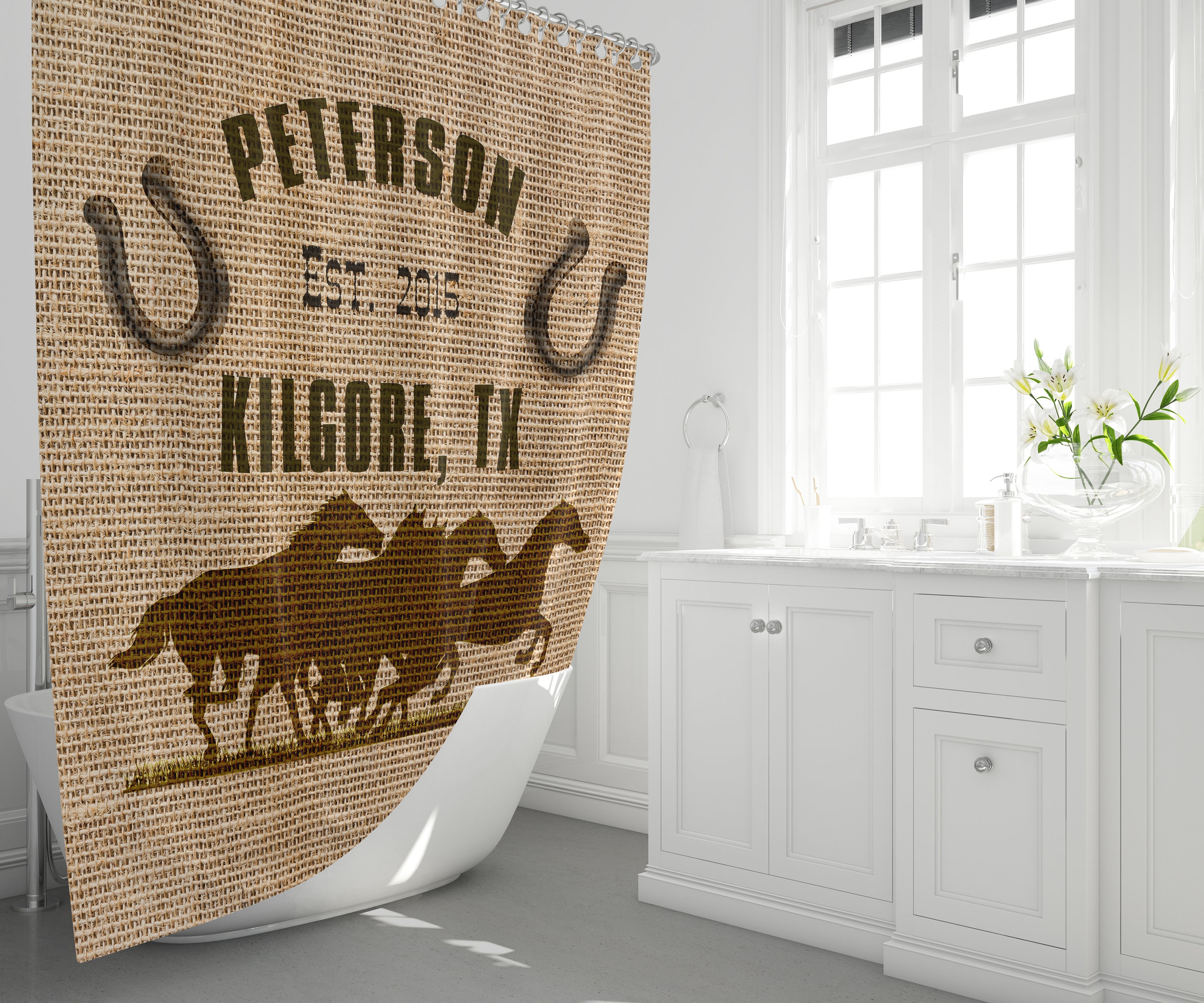 Personalized Horse Shower Curtain Rustic Farmhouse Burlap Brown Print Bathroom Decor