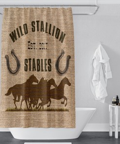 Personalized Horse Shower Curtain Rustic Farmhouse Burlap Brown Print Bathroom Decor