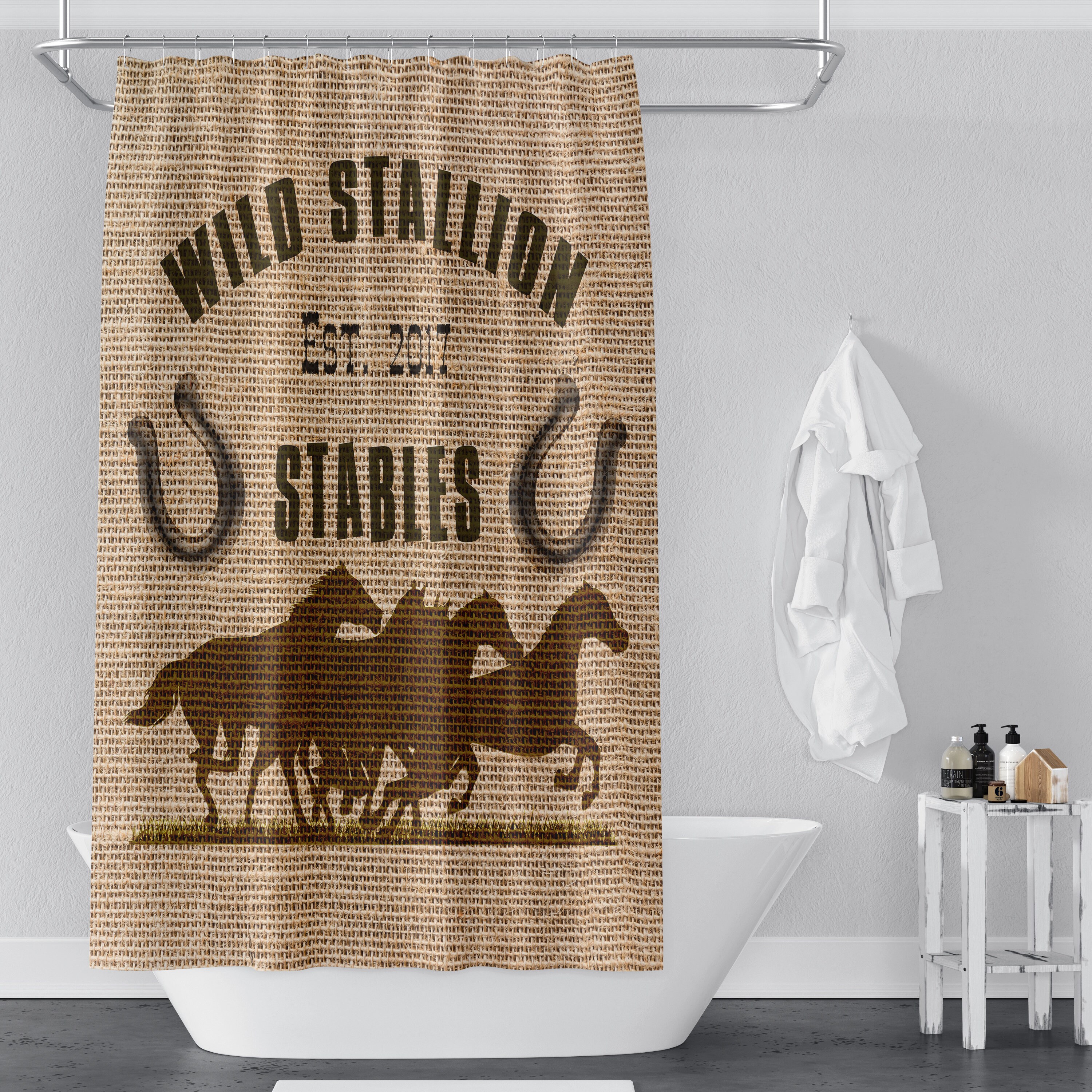 Personalized Horse Shower Curtain Rustic Farmhouse Burlap Brown Print Bathroom Decor