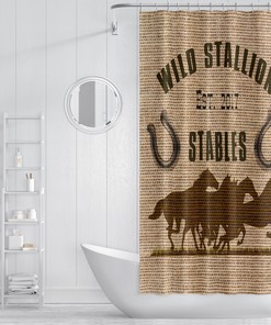 Personalized Horse Shower Curtain Rustic Farmhouse Burlap Brown Print Bathroom Decor