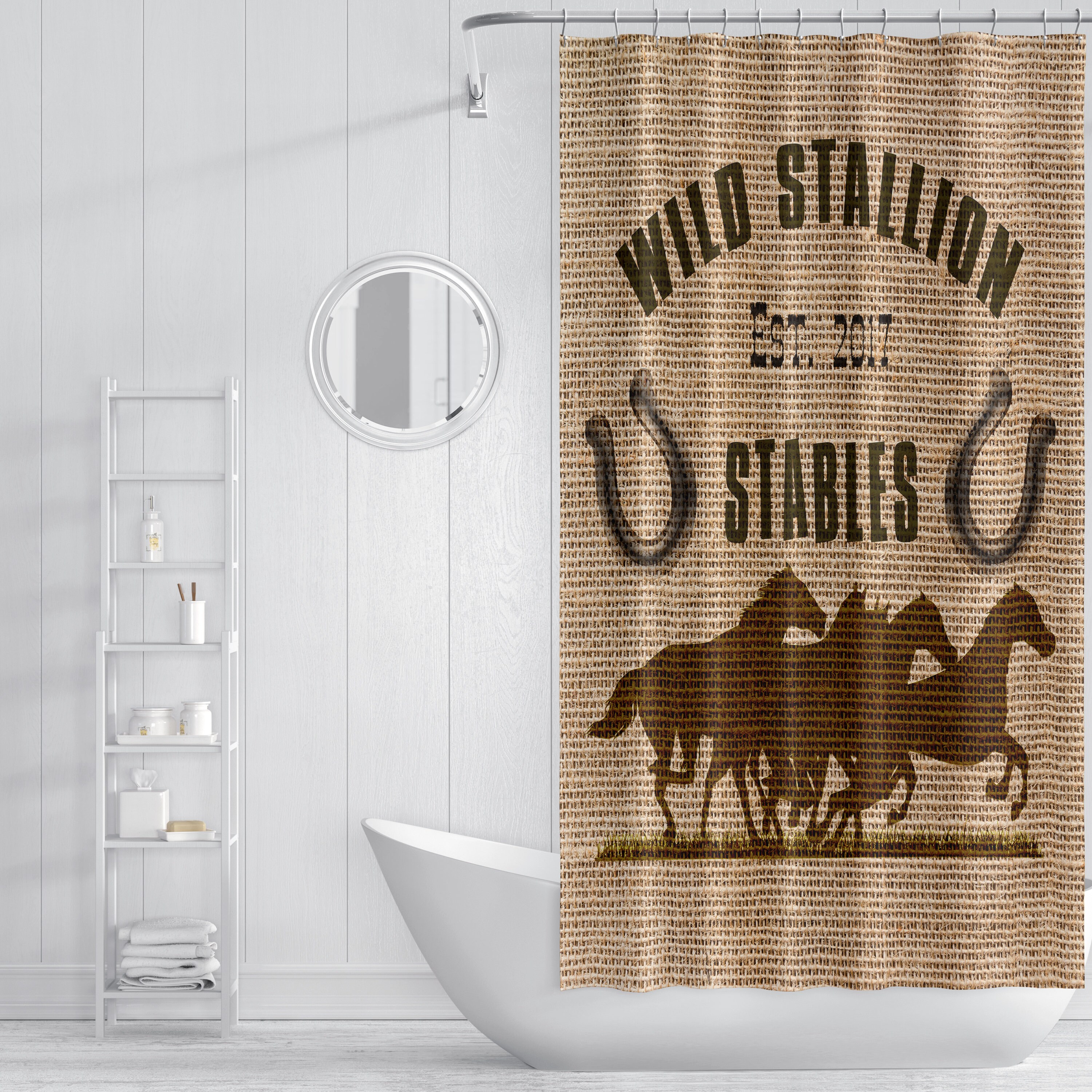 Personalized Horse Shower Curtain Rustic Farmhouse Burlap Brown Print Bathroom Decor