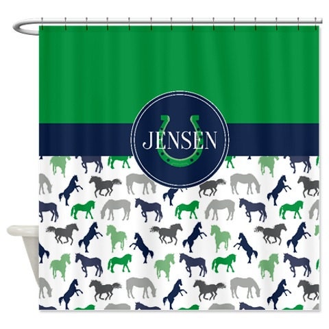 Personalized Horse Shower Curtain with Name, Navy Blue and Green Printed Bathroom Decor