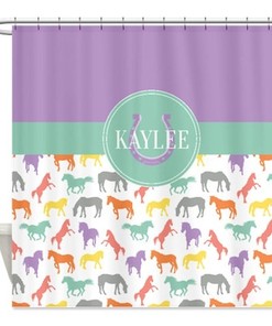 Personalized Horse Shower Curtain with Name, Navy Blue and Green Printed Bathroom Decor