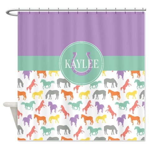 Personalized Horse Shower Curtain with Name, Navy Blue and Green Printed Bathroom Decor