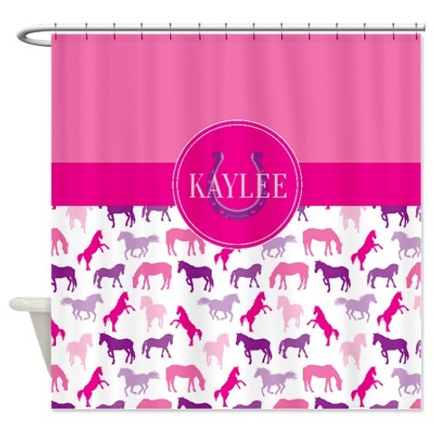 Personalized Horse Shower Curtain with Name, Pink, Purple, Aqua Blue, Orange, and Yellow Printed Bathroom Decor