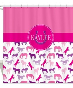 Personalized Horse Shower Curtain with Name, Pink, Purple, Hot Pink, Lavender, and White Printed Bathroom Decor
