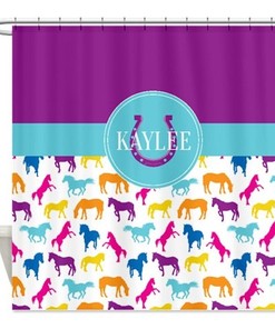 Personalized Horse Shower Curtain with Name, Pink, Purple, Hot Pink, Lavender, and White Printed Bathroom Decor