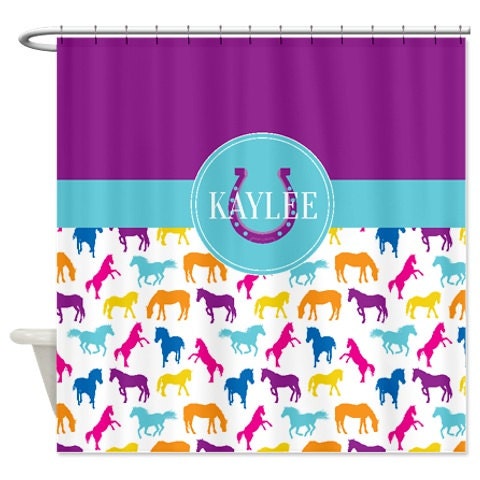 Personalized Horse Shower Curtain with Name, Pink, Purple, Hot Pink, Lavender, and White Printed Bathroom Decor