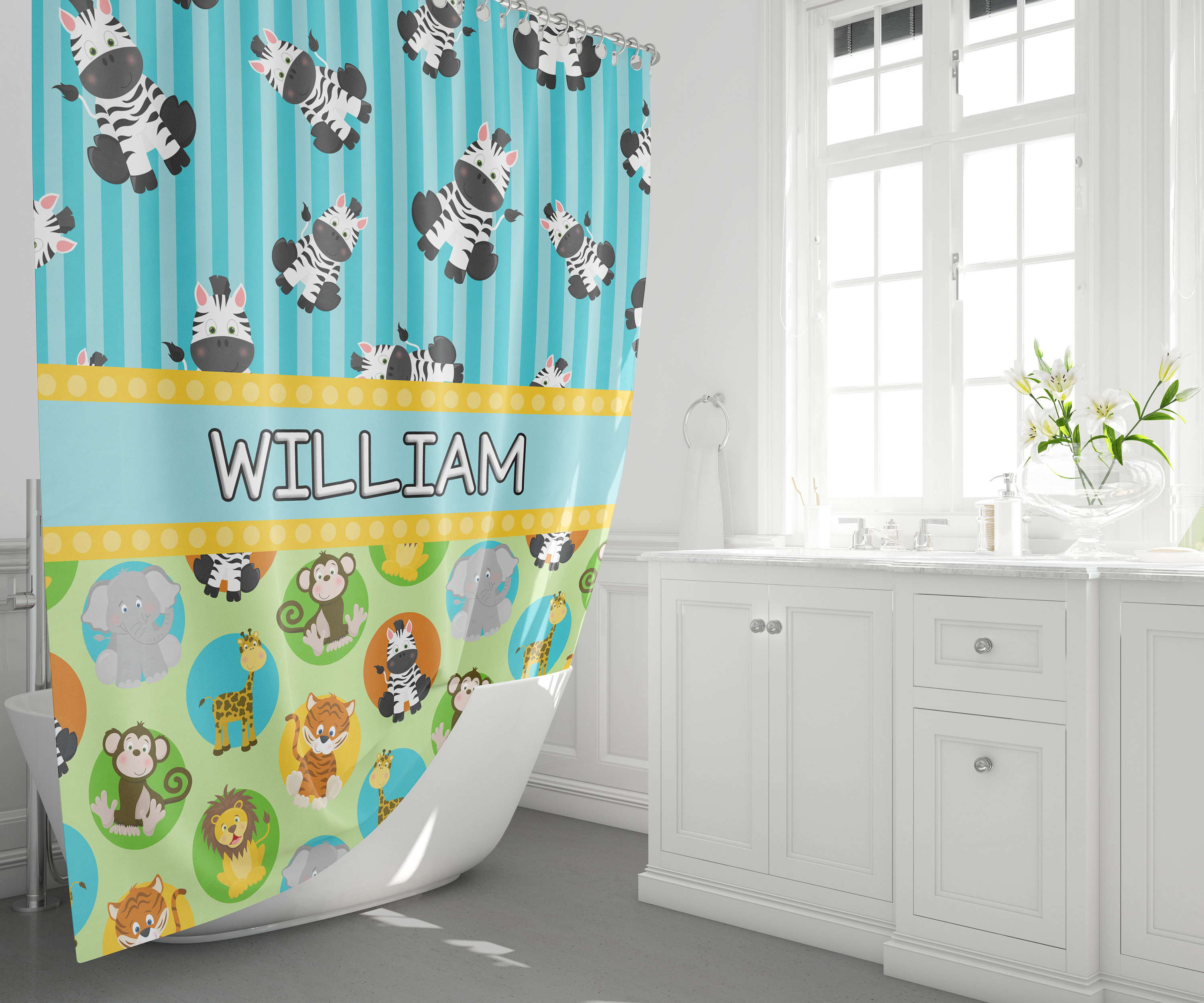 Personalized Kids Safari Animals Shower Curtain With Custom Name, Cute Blue And Green Bathroom Decor