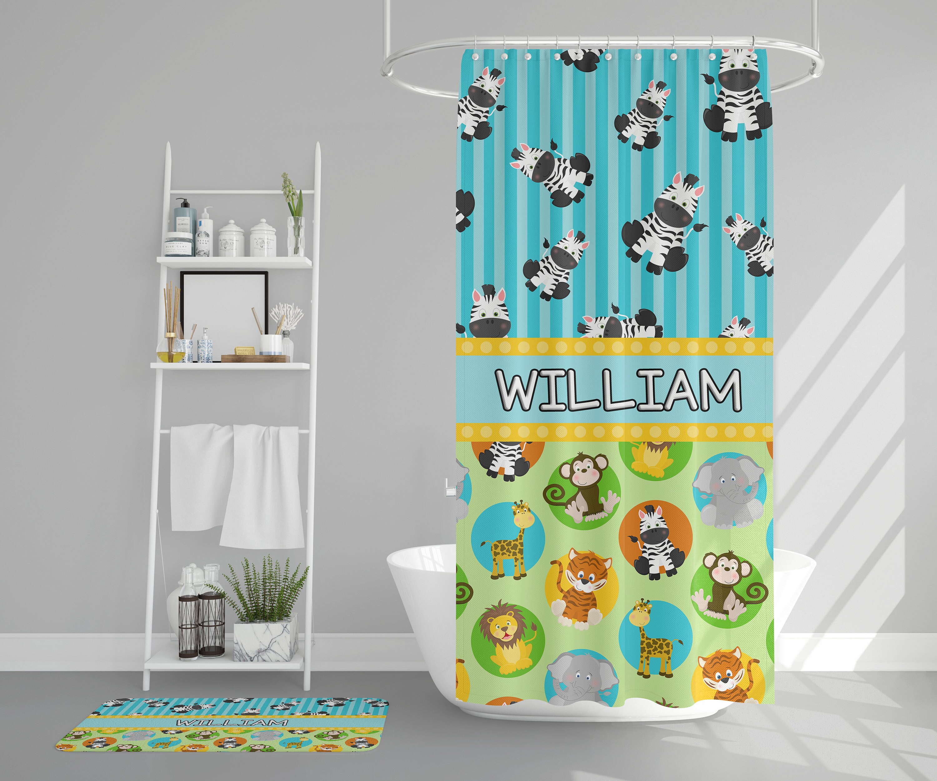 Personalized Kids Safari Animals Shower Curtain With Custom Name, Cute Blue And Green Bathroom Decor - Image 2