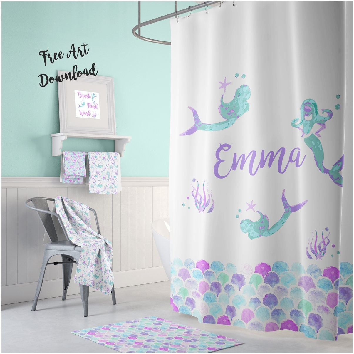 Personalized Mermaid Scales Shower Curtain for Girls Bathroom