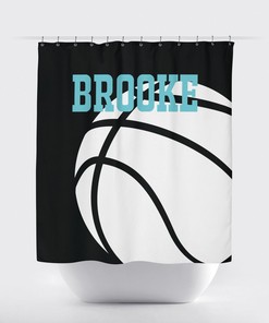 Personalized Monogrammed Basketball Shower Curtain For Boys And Girls - Black, White, And Aqua Blue