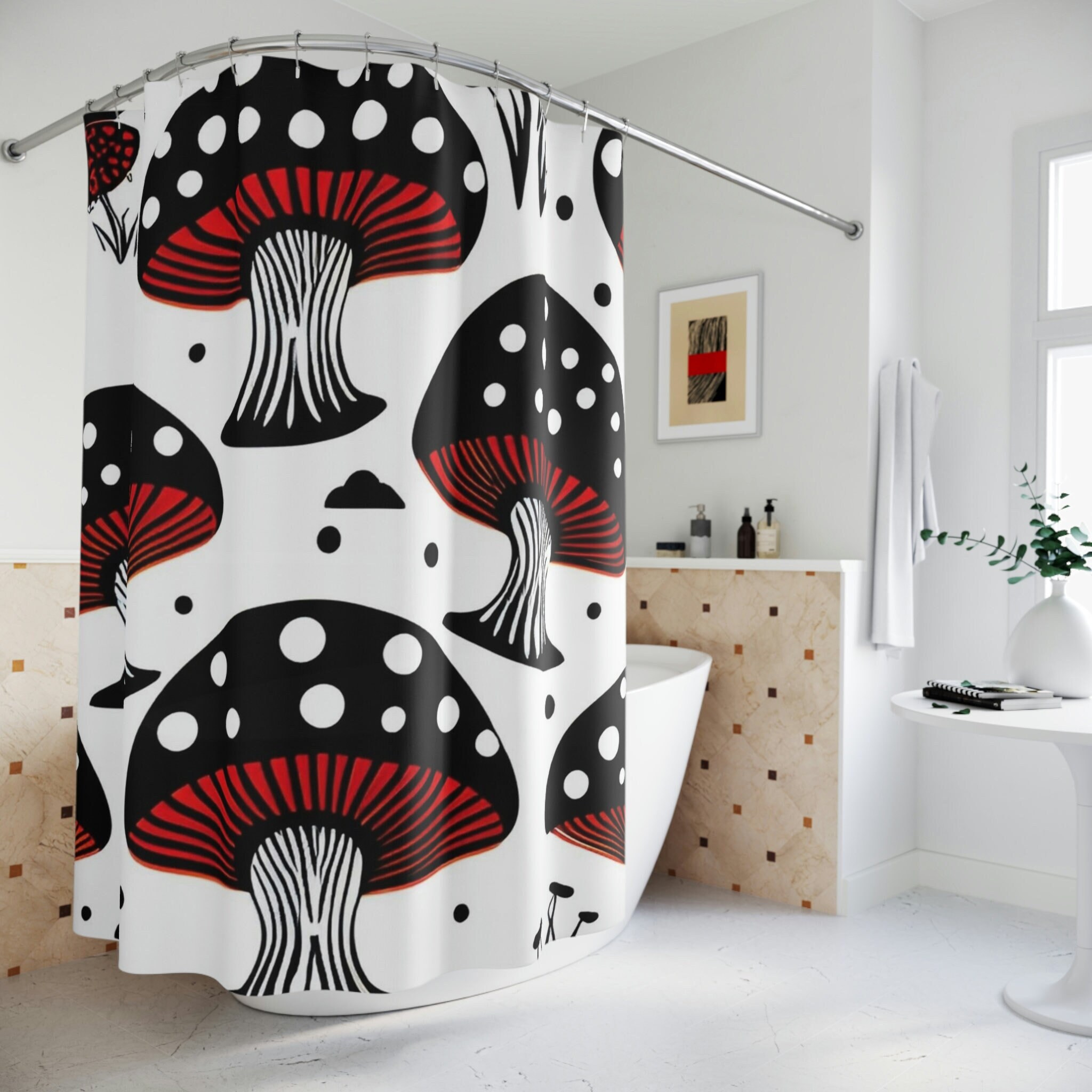 Personalized Mushroom Hearts and Flowers Shower Curtain - Retro Aesthetic College Dorm Decor