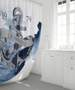 Personalized Nautical Anchor and Waves Shower Curtain, Ocean Bath Decor