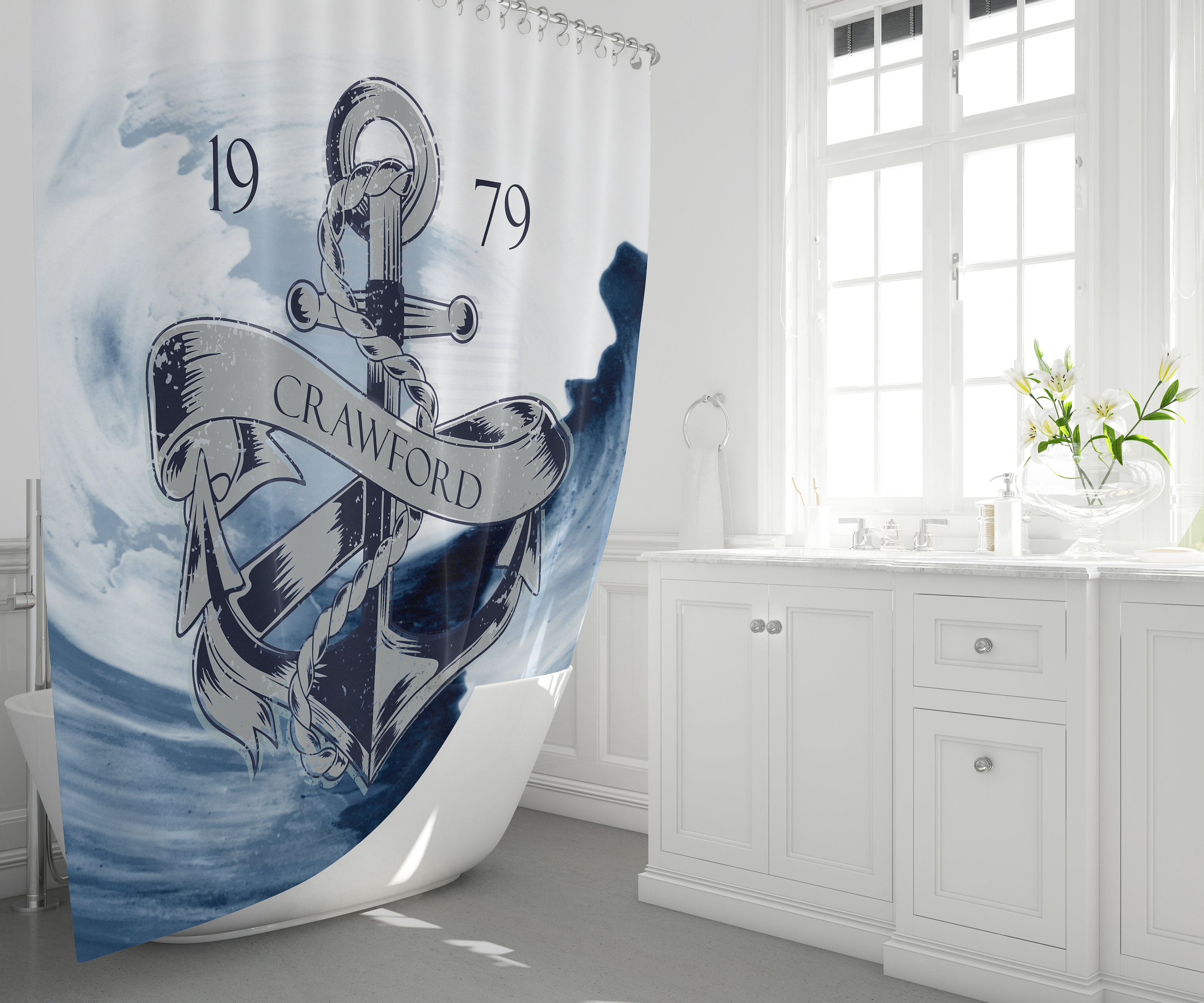 Personalized Nautical Anchor and Waves Shower Curtain, Ocean Bath Decor